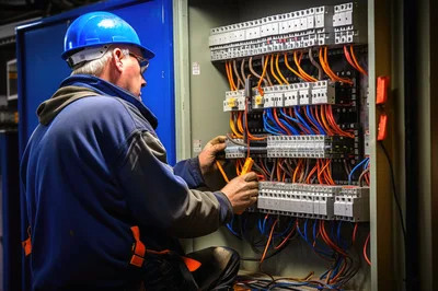 Electrician Testing Industrial Control Panel Wiring