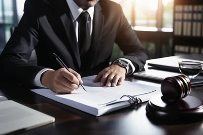 Lawyer Signing Legal Documents At Office Desk