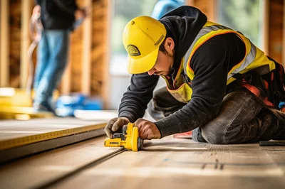 Construction Worker Using A Power Planer On Wood Flooring