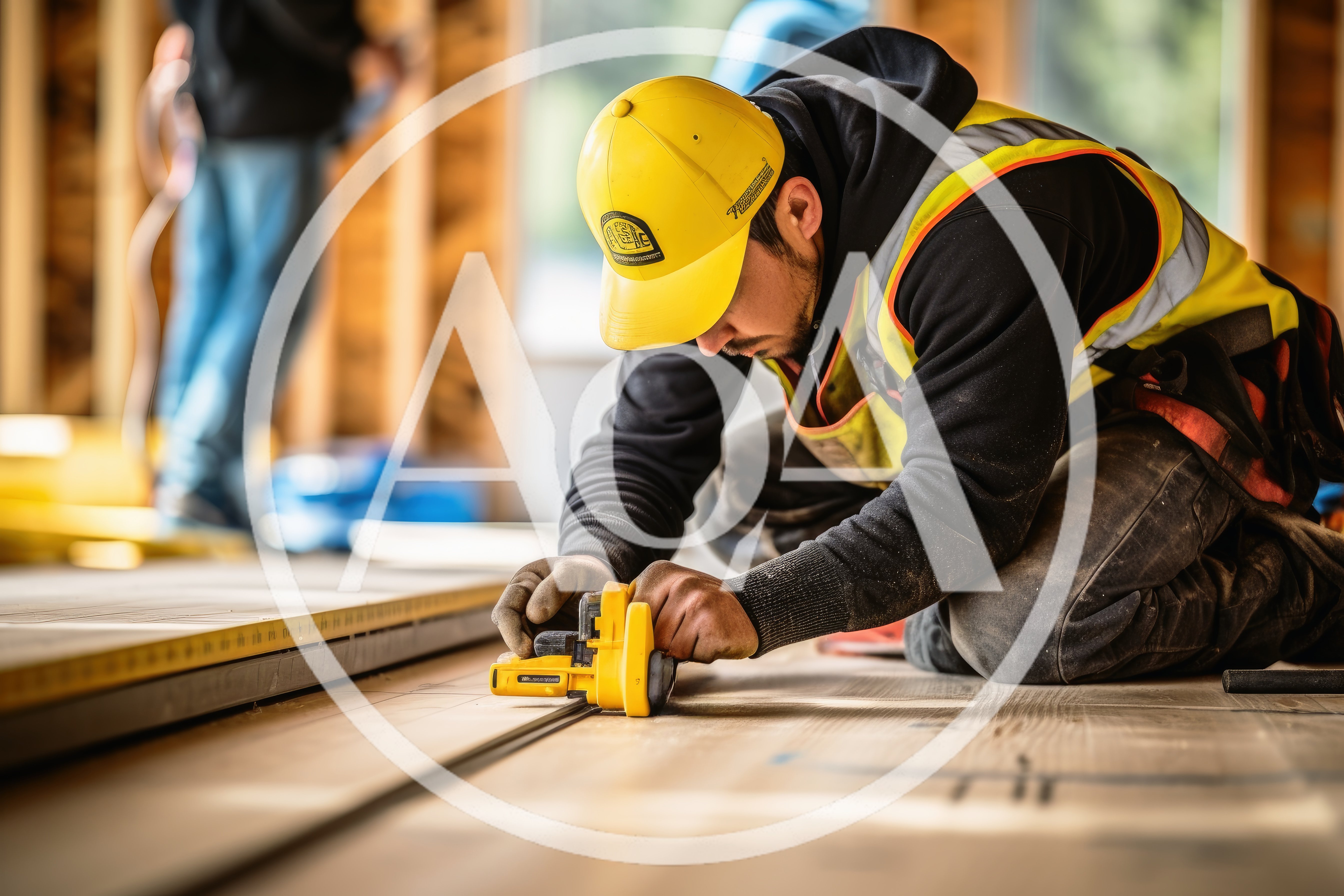 Construction Worker Using A Power Planer On Wood Flooring
