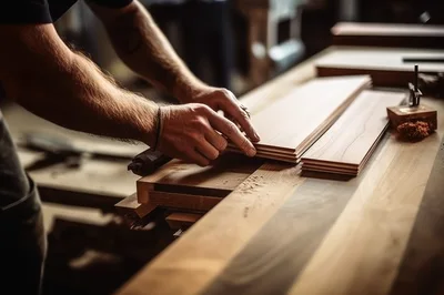 Carpenter Working With Wooden Planks In Workshop