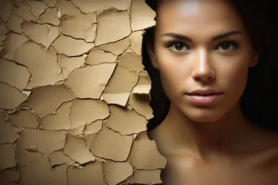 Portrait Of A Woman Beside Cracked Earth Texture