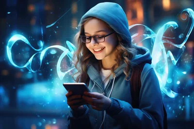 Young Girl Using Smartphone With Glowing Digital Effects