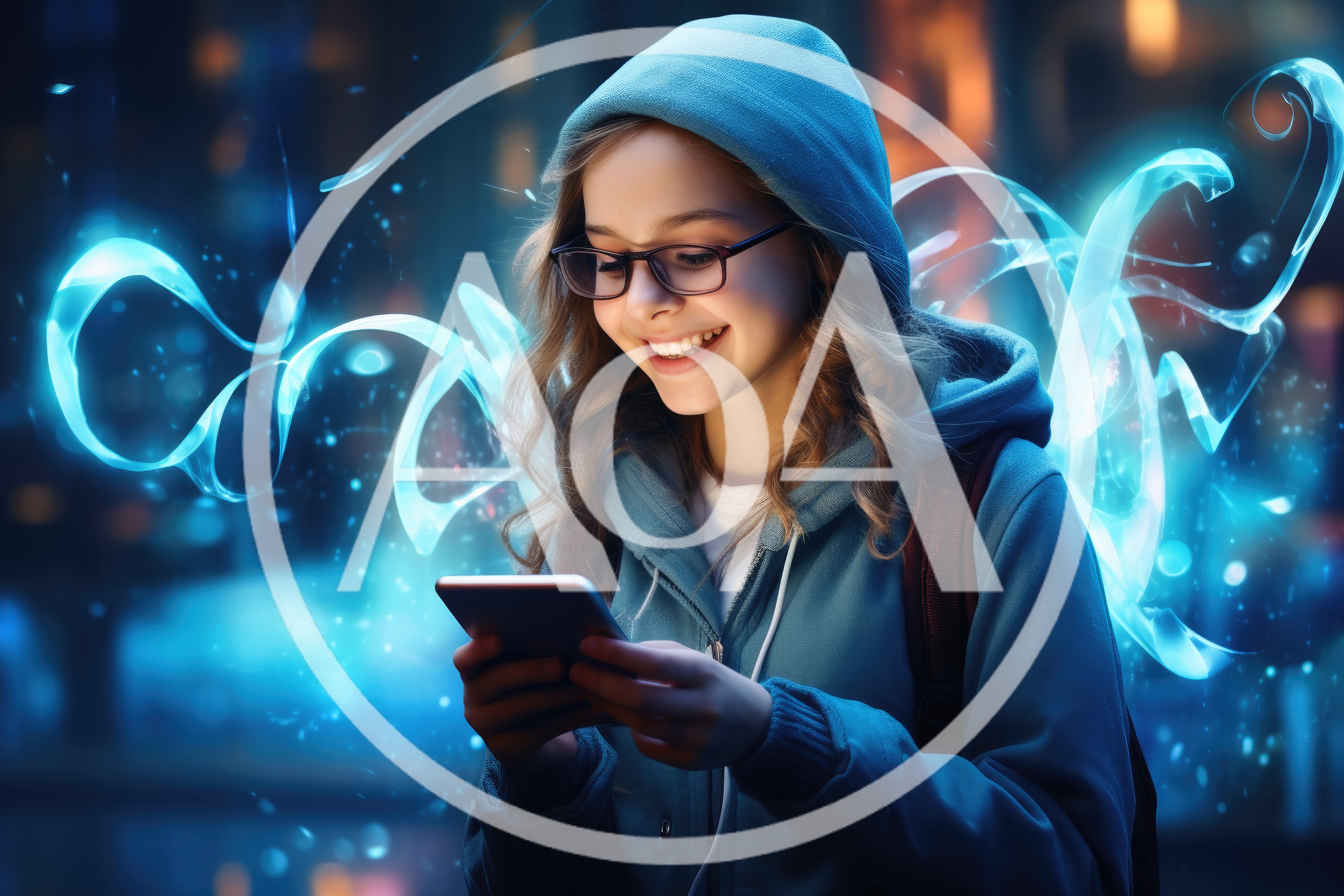 Young Girl Using Smartphone With Glowing Digital Effects