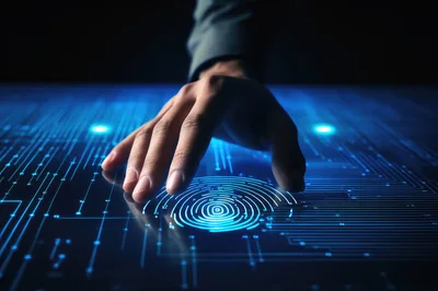 Human Hand Interacting With Digital Fingerprint Scanner Interface