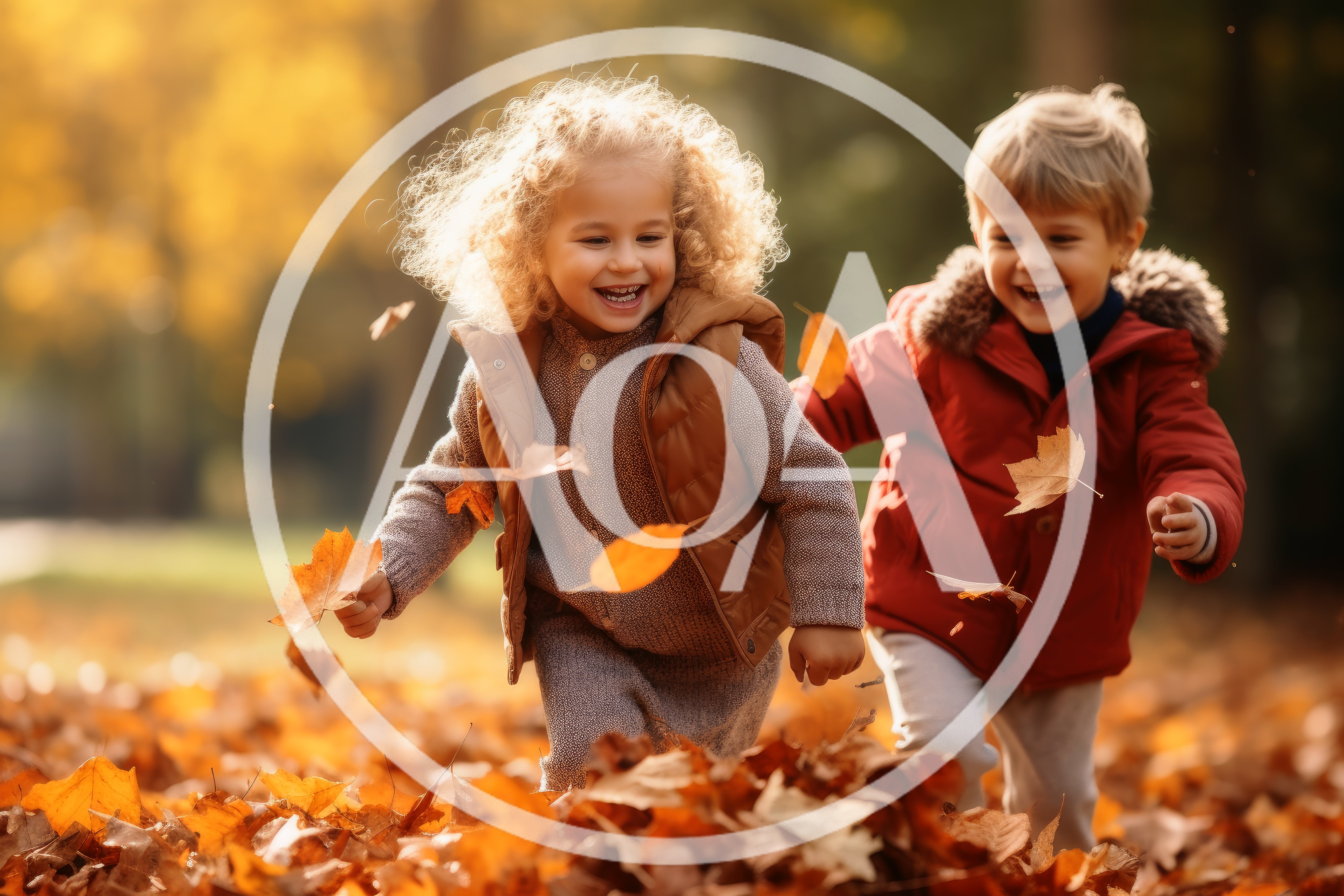 Happy Children Playing With Autumn Leaves In Park
