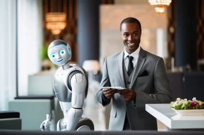 Professional Businessman Interacting With Humanoid Robot In Hotel Lobby