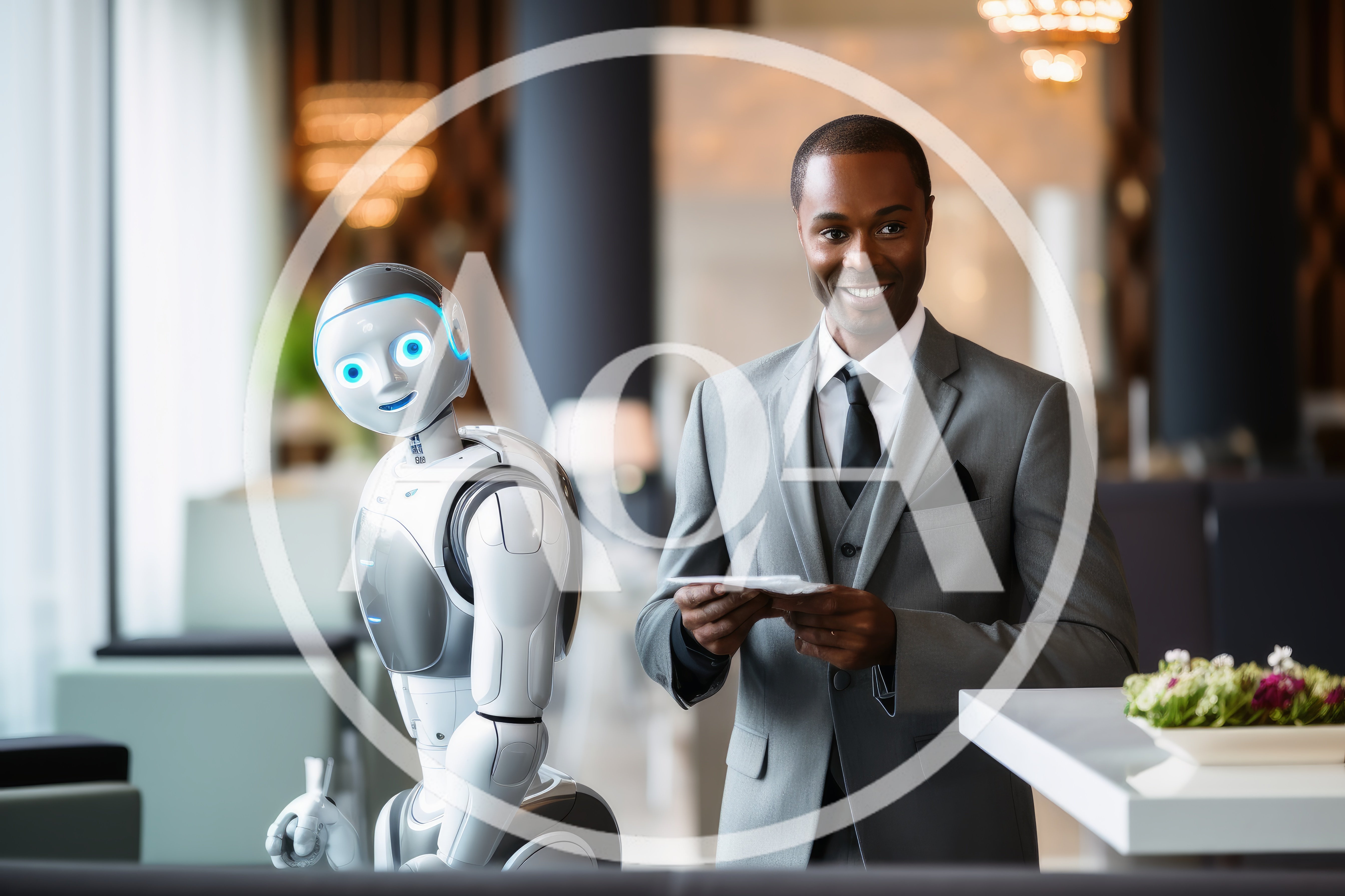 Professional Businessman Interacting With Humanoid Robot In Hotel Lobby