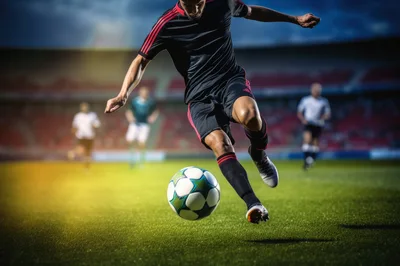 Professional Soccer Player Kicking Ball on Stadium Field