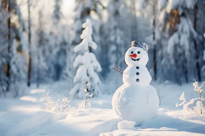Cheerful Snowman Standing In A Snowy Winter Forest