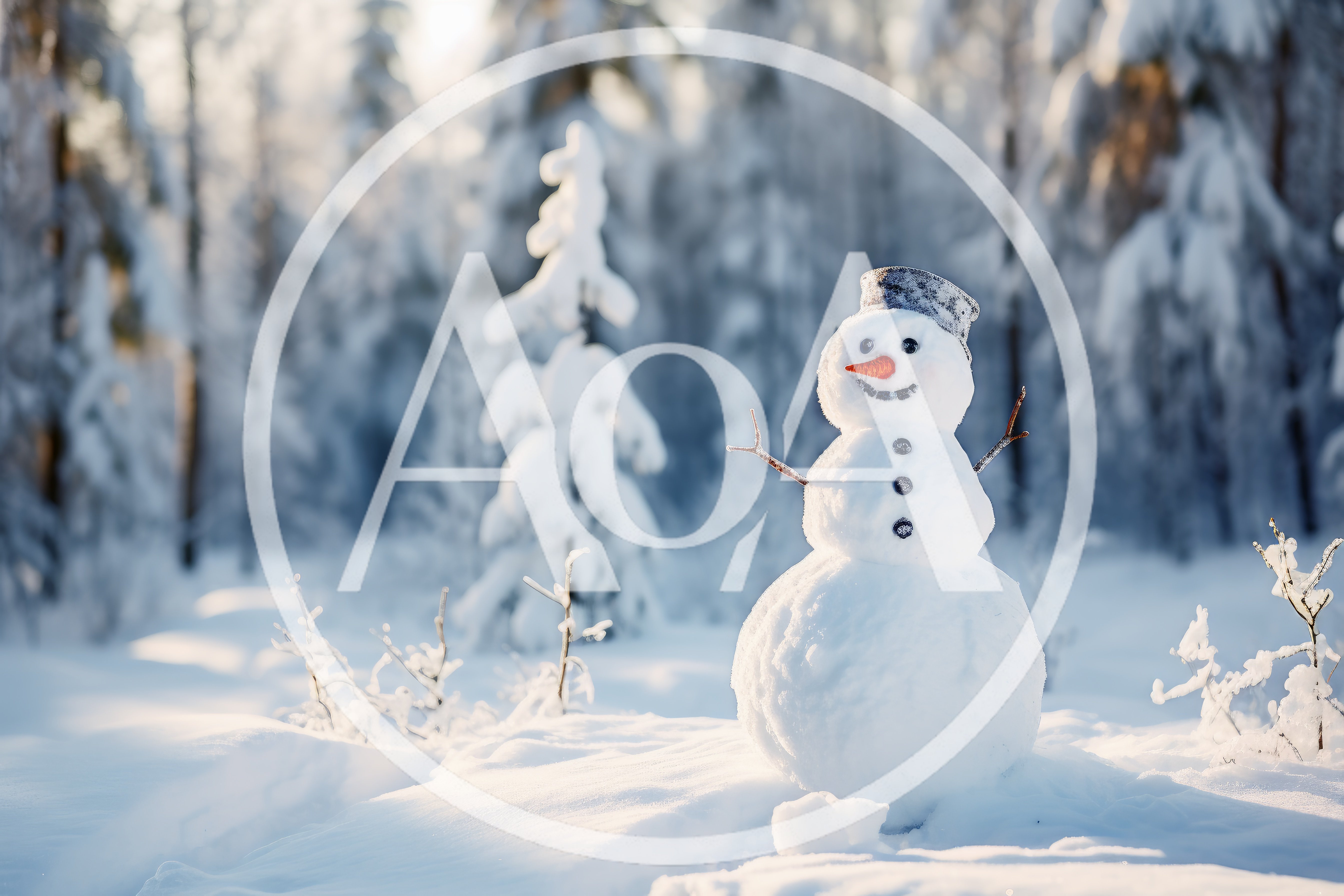 Cheerful Snowman Standing In A Snowy Winter Forest