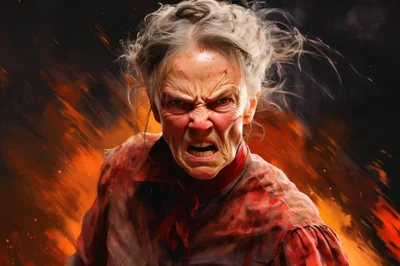 Furious Elderly Woman With Intense Expression In Fire