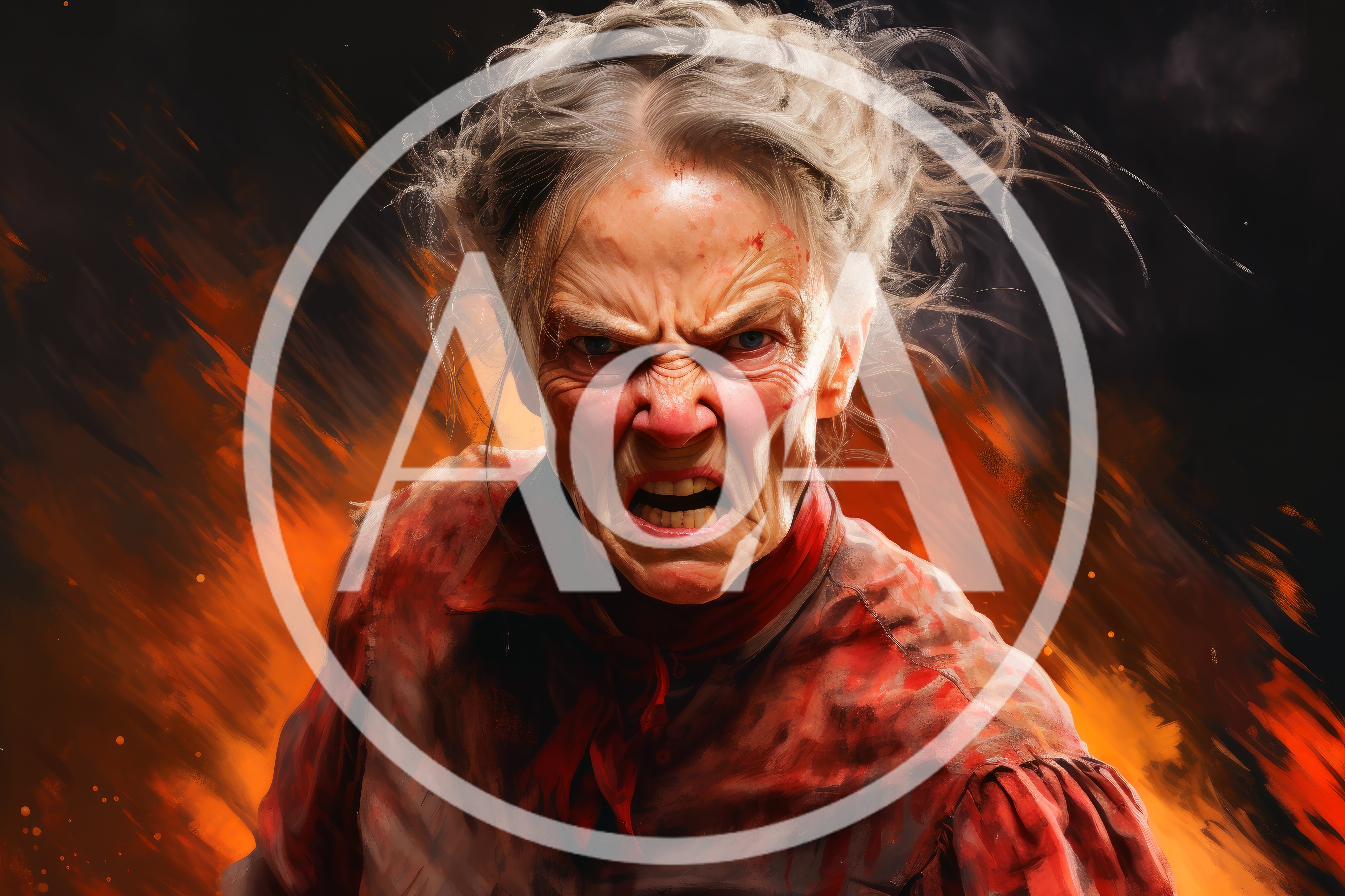 Furious Elderly Woman With Intense Expression In Fire