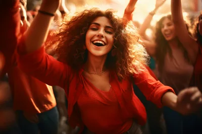 Young Woman Dancing Joyfully at an Outdoor Music Festival