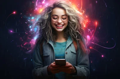 Young Woman Smiling While Using Smartphone With Abstract Background