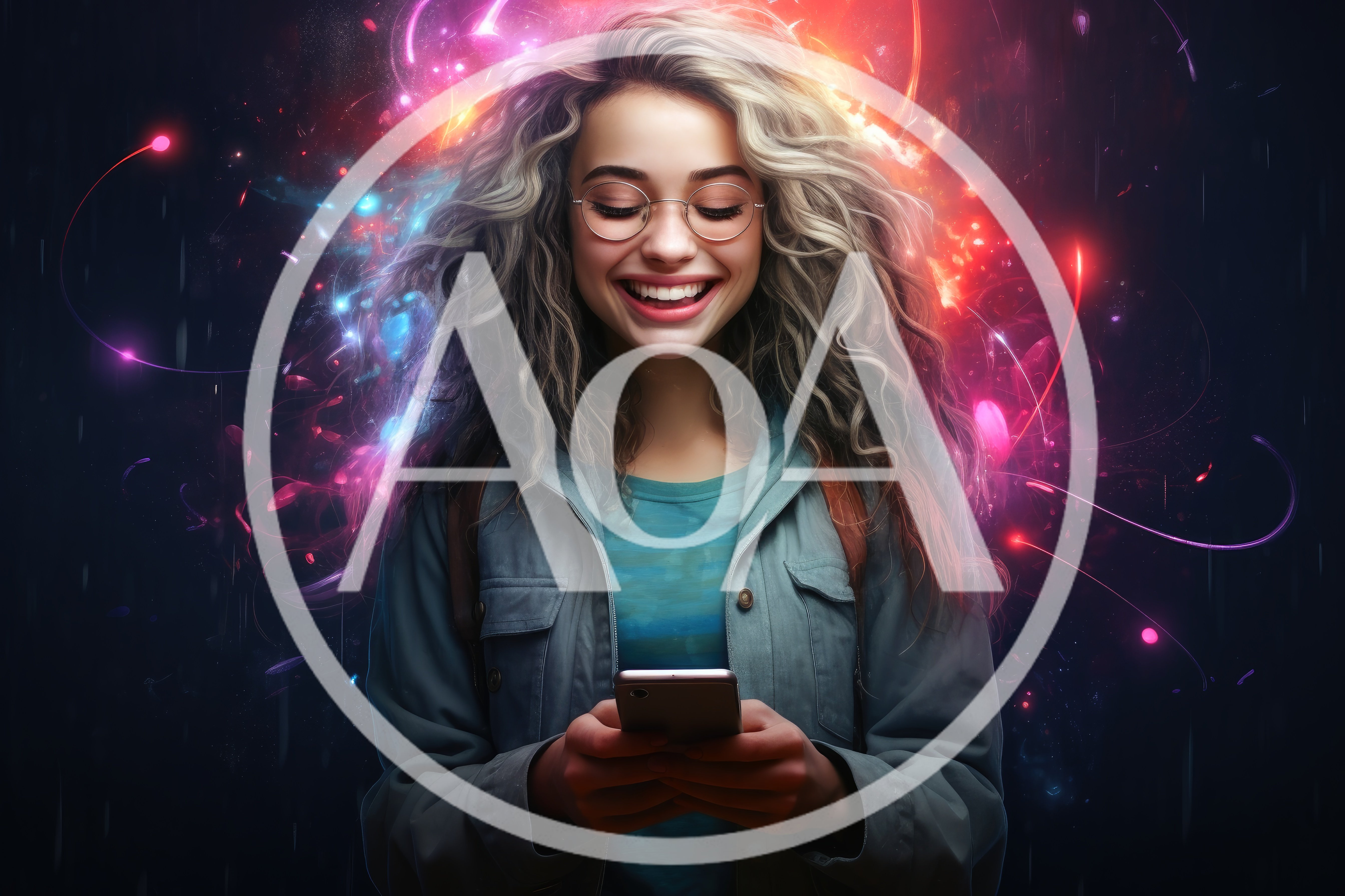 Young Woman Smiling While Using Smartphone With Abstract Background