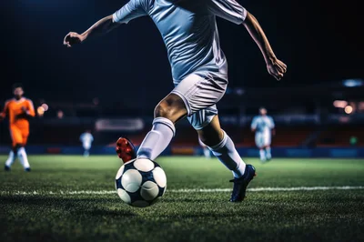 Professional Soccer Player Dribbling Ball On Stadium Field
