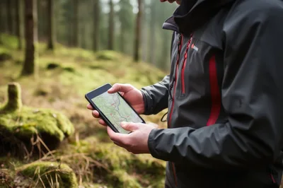 Hiker Using Digital Map On Smartphone In Forest