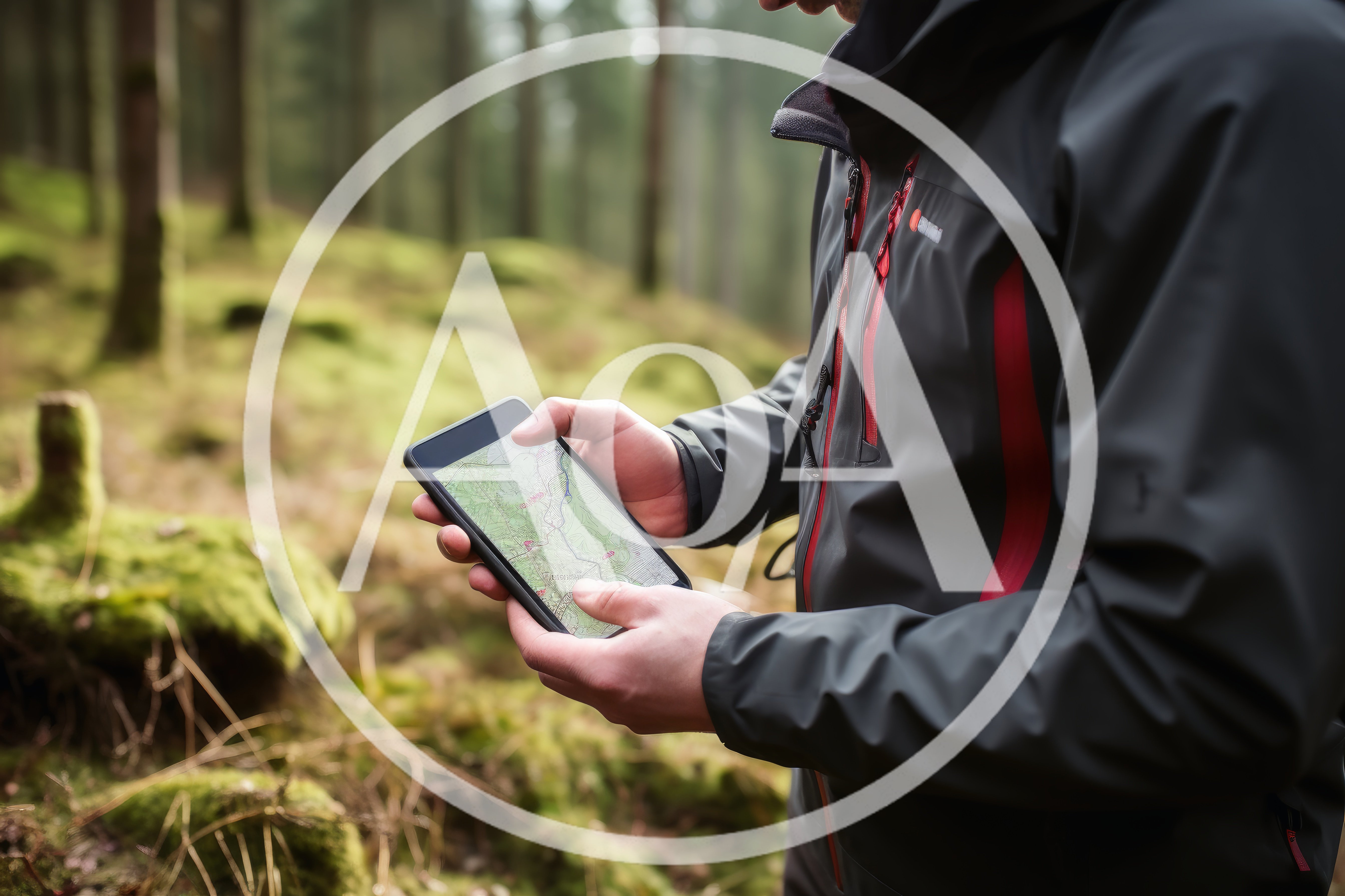 Hiker Using Digital Map On Smartphone In Forest