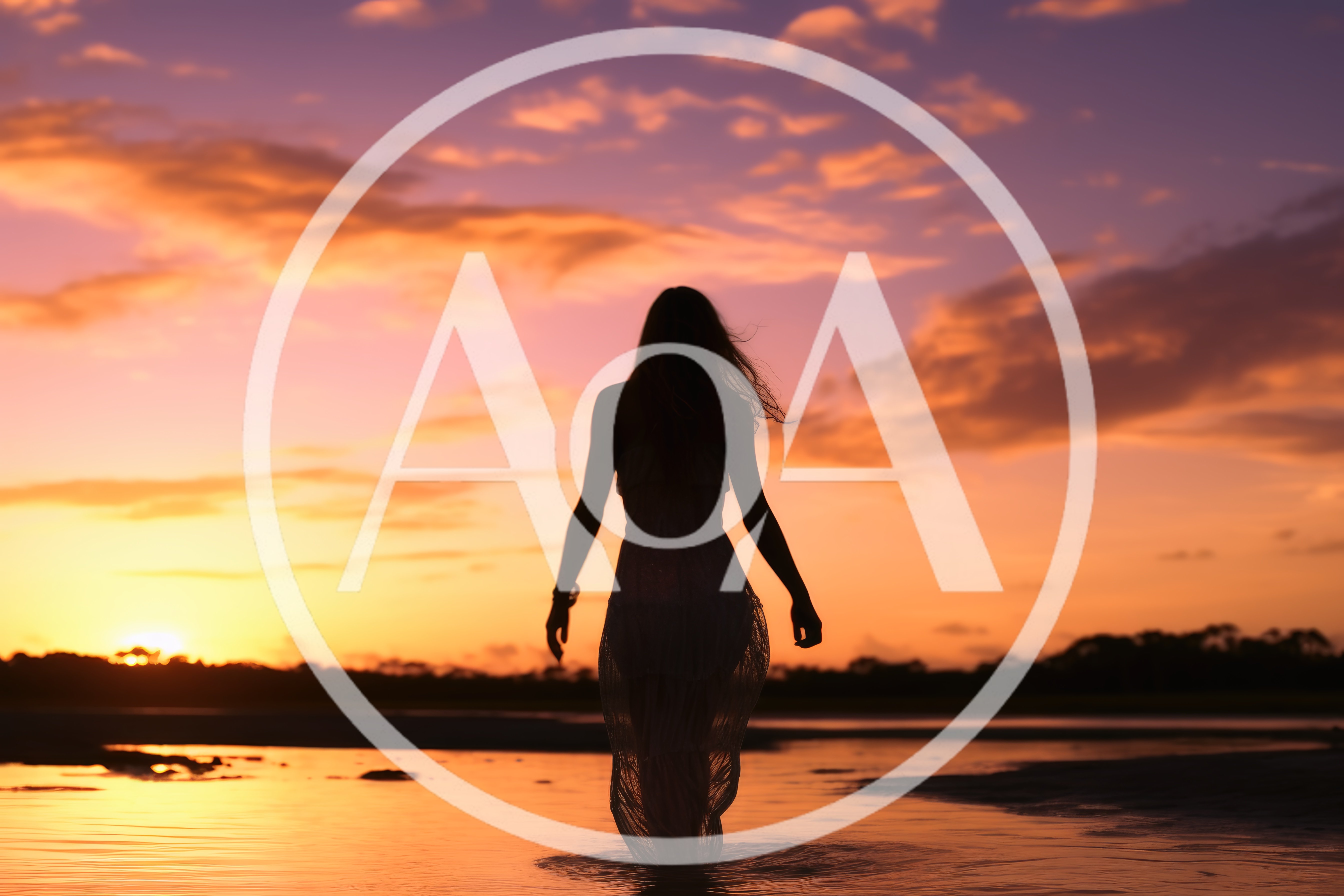 Silhouette Of A Woman Walking Through Shallow Water At Sunset