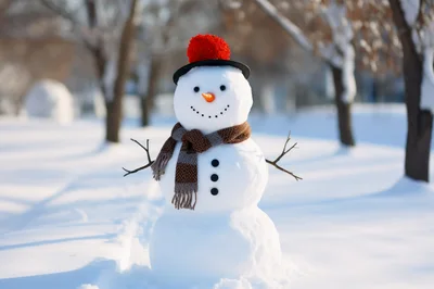 Cheerful Snowman Standing In A Snowy Park