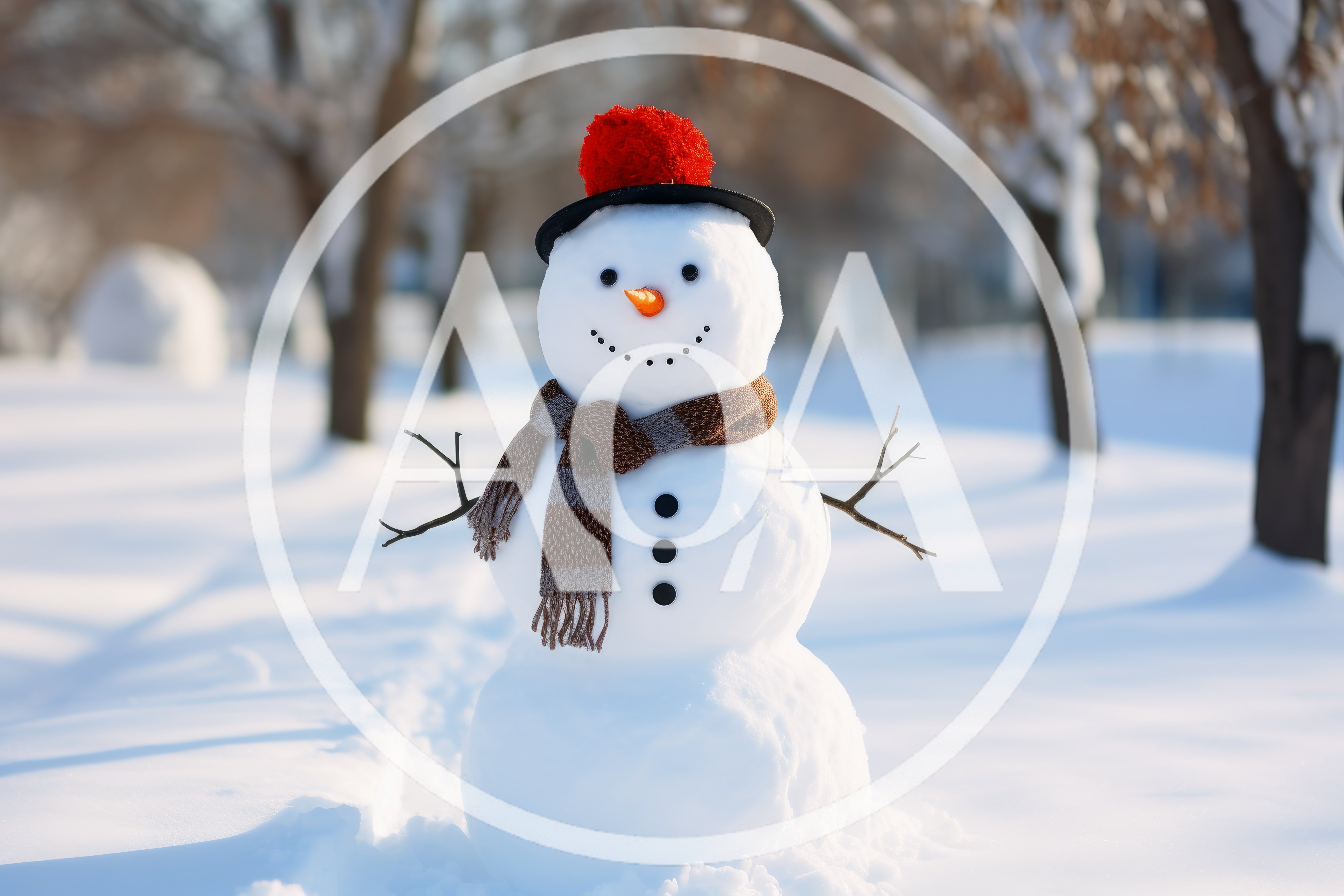Cheerful Snowman Standing In A Snowy Park
