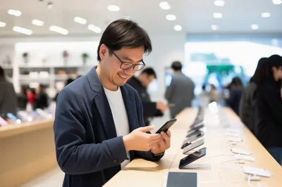 Asian Man Testing Smartphone In Electronics Retail Store