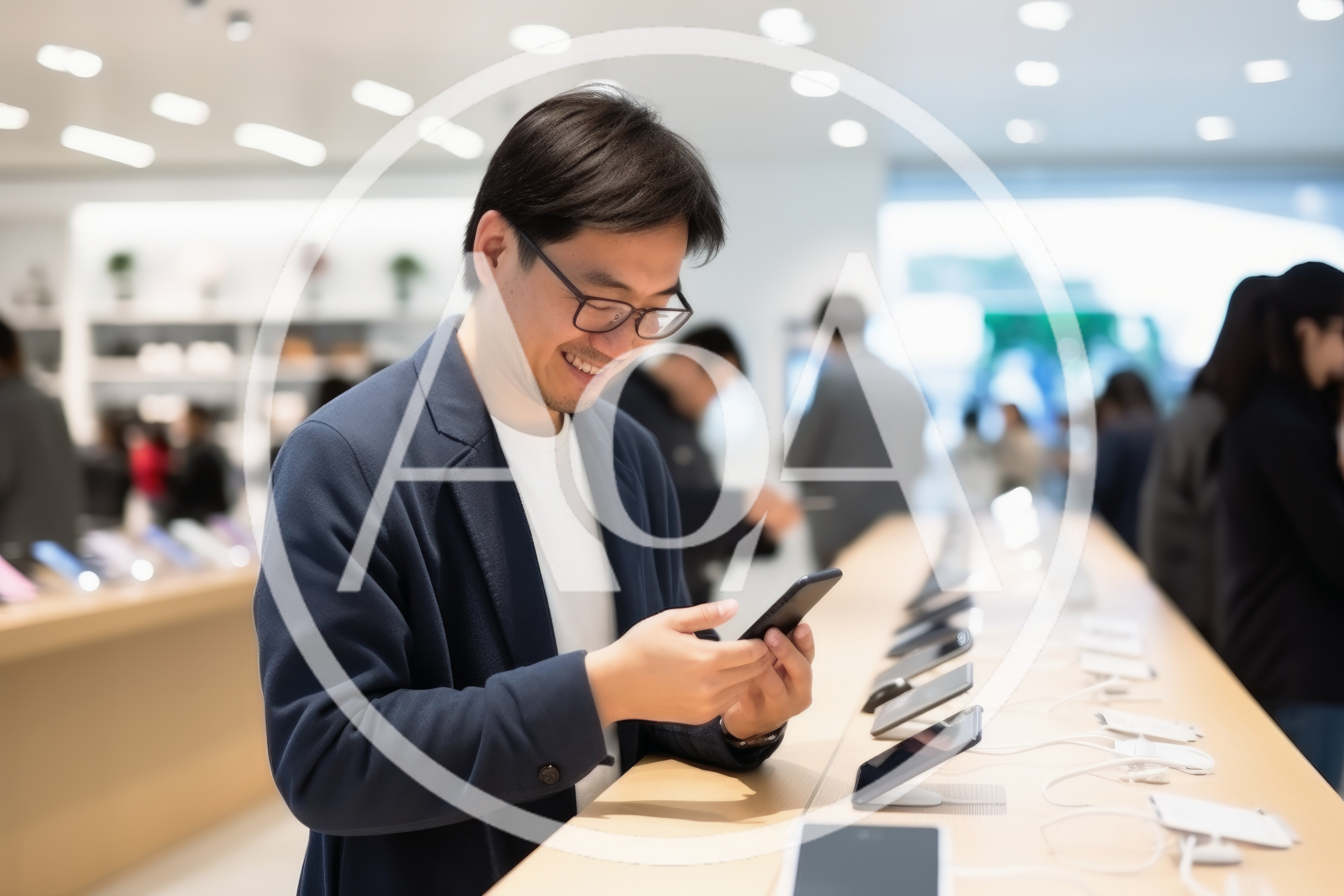 Asian Man Testing Smartphone In Electronics Retail Store