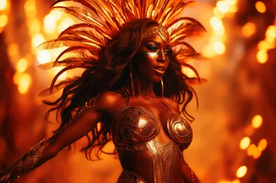 Stunning Carnival Dancer In Elaborate Golden Feather Headdress