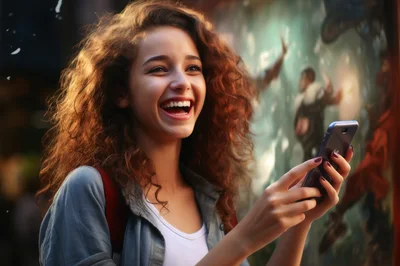 Happy Young Woman Using Smartphone Outdoors