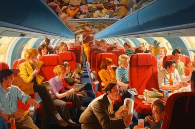 Crowded Airplane Cabin With Passengers Laughing And Talking