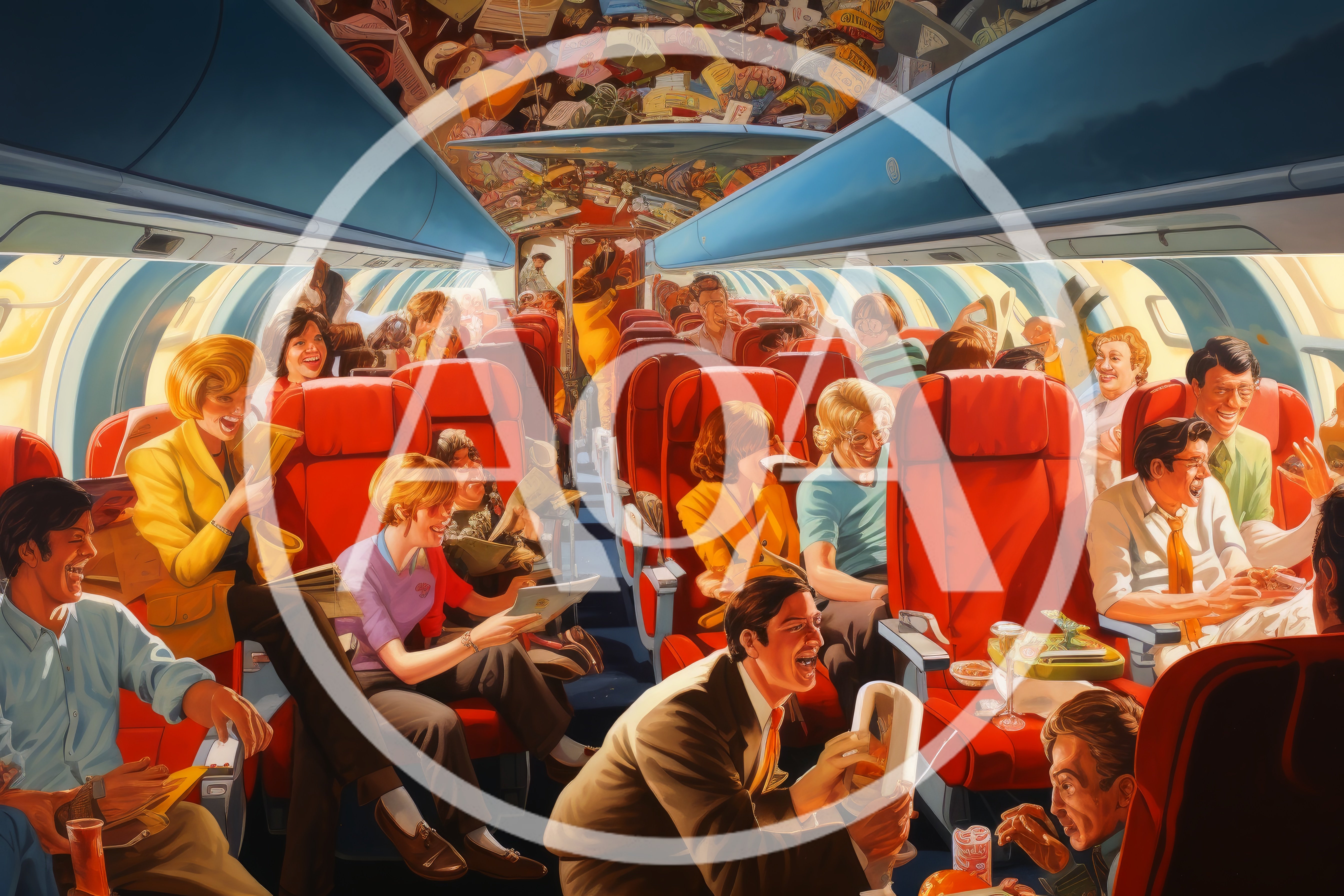 Crowded Airplane Cabin With Passengers Laughing And Talking