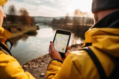 Hikers Checking Digital Map On Smartphone By River