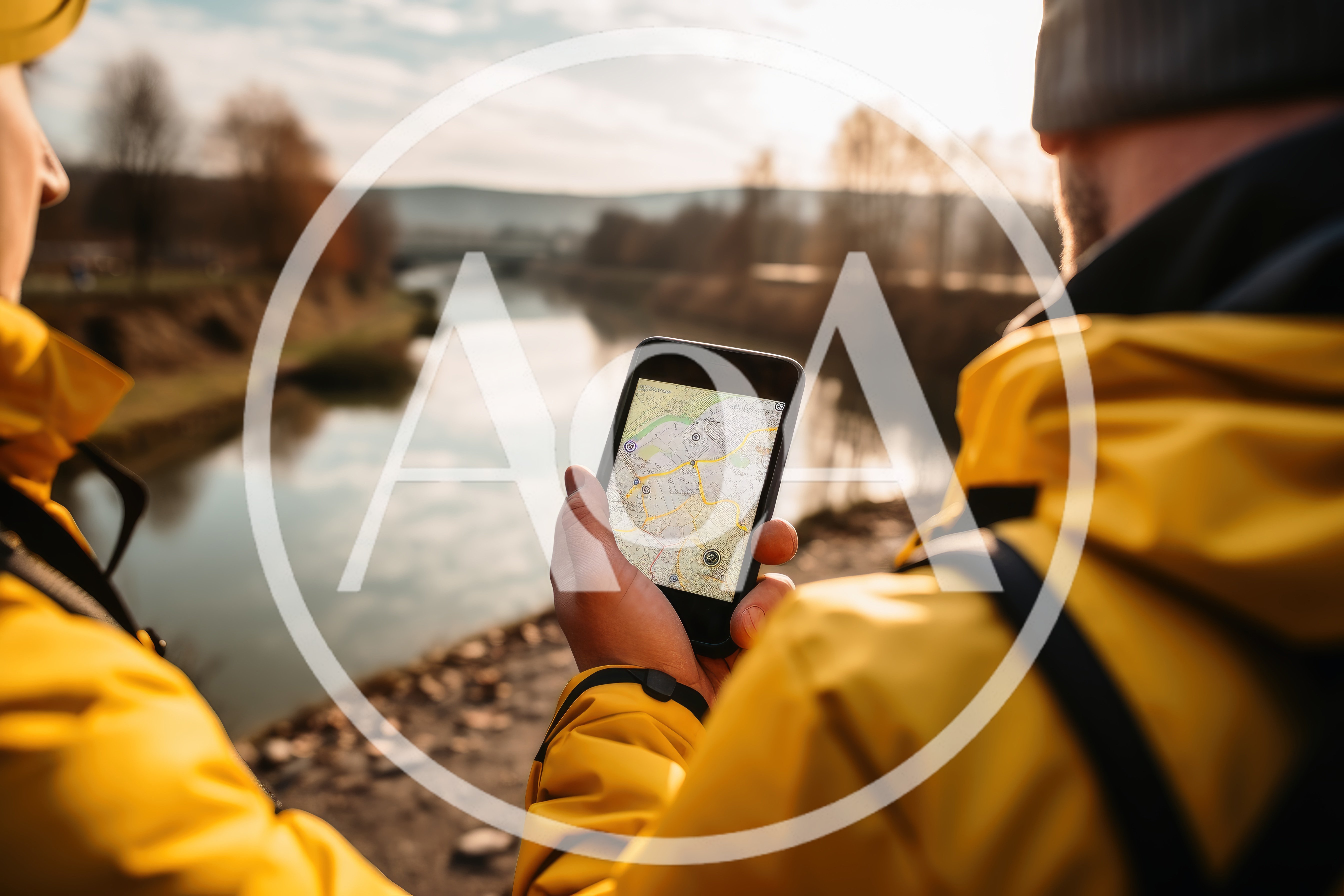 Hikers Checking Digital Map On Smartphone By River