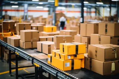 Cardboard Boxes Moving Along An Automated Warehouse Conveyor Belt
