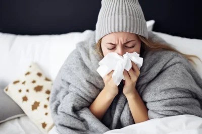 Sick Young Woman Blowing Nose In Bed