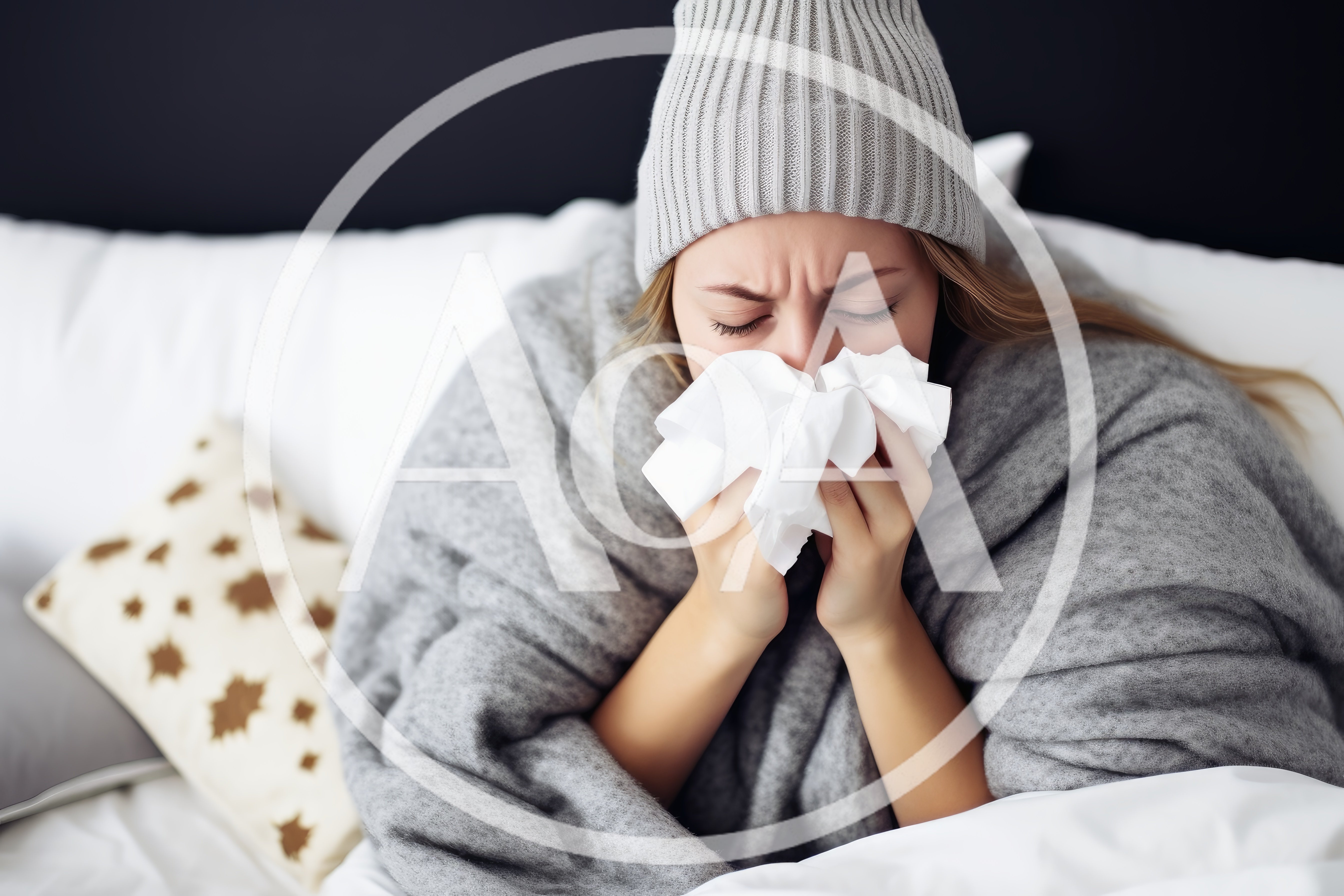 Sick Young Woman Blowing Nose In Bed