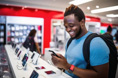 Young Man Shopping For Smartphones In Electronics Store