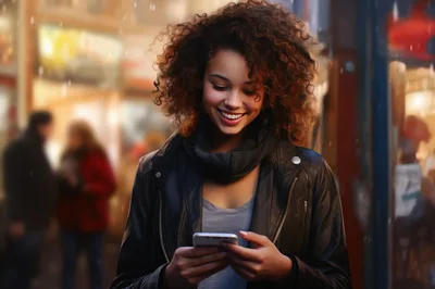 Young Woman With Curly Hair Using Smartphone Outdoors