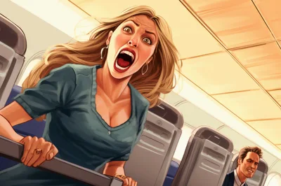 Terrified Woman Screaming In Airplane Cabin