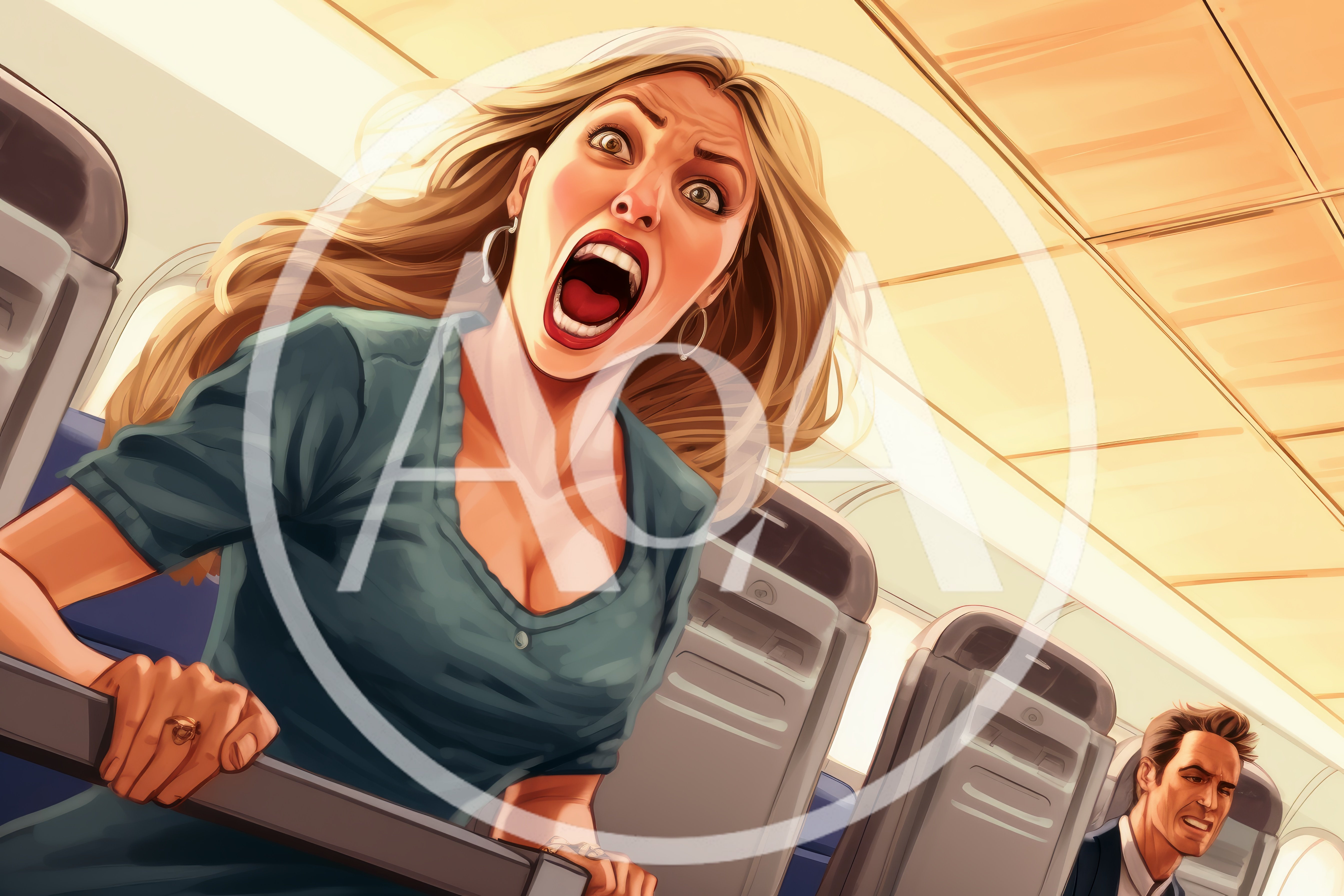 Terrified Woman Screaming In Airplane Cabin