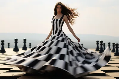 Woman In Striped Dress Spinning On Giant Chessboard