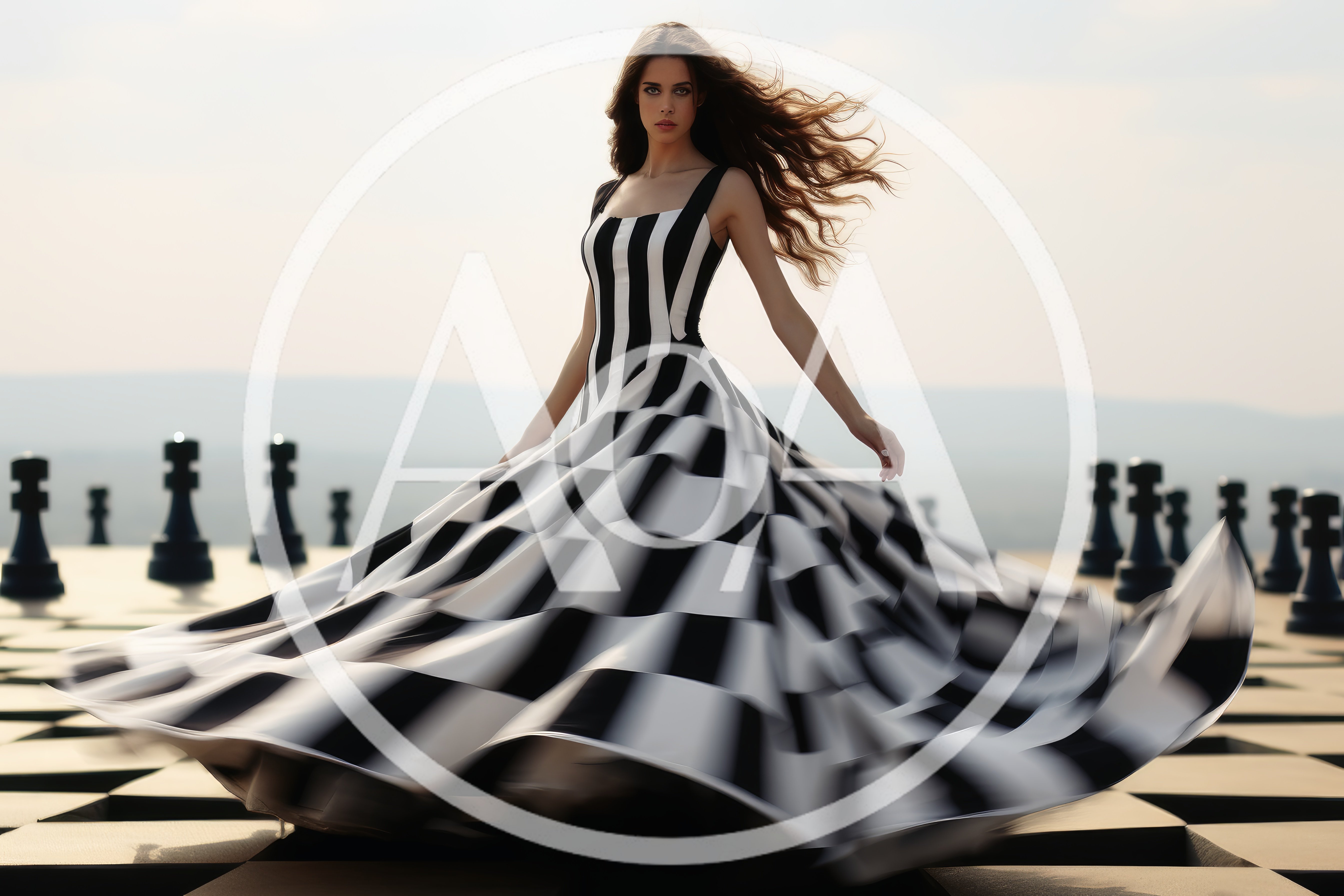 Woman In Striped Dress Spinning On Giant Chessboard