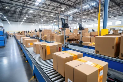 Cardboard Boxes Moving Along Automated Warehouse Conveyor Belt