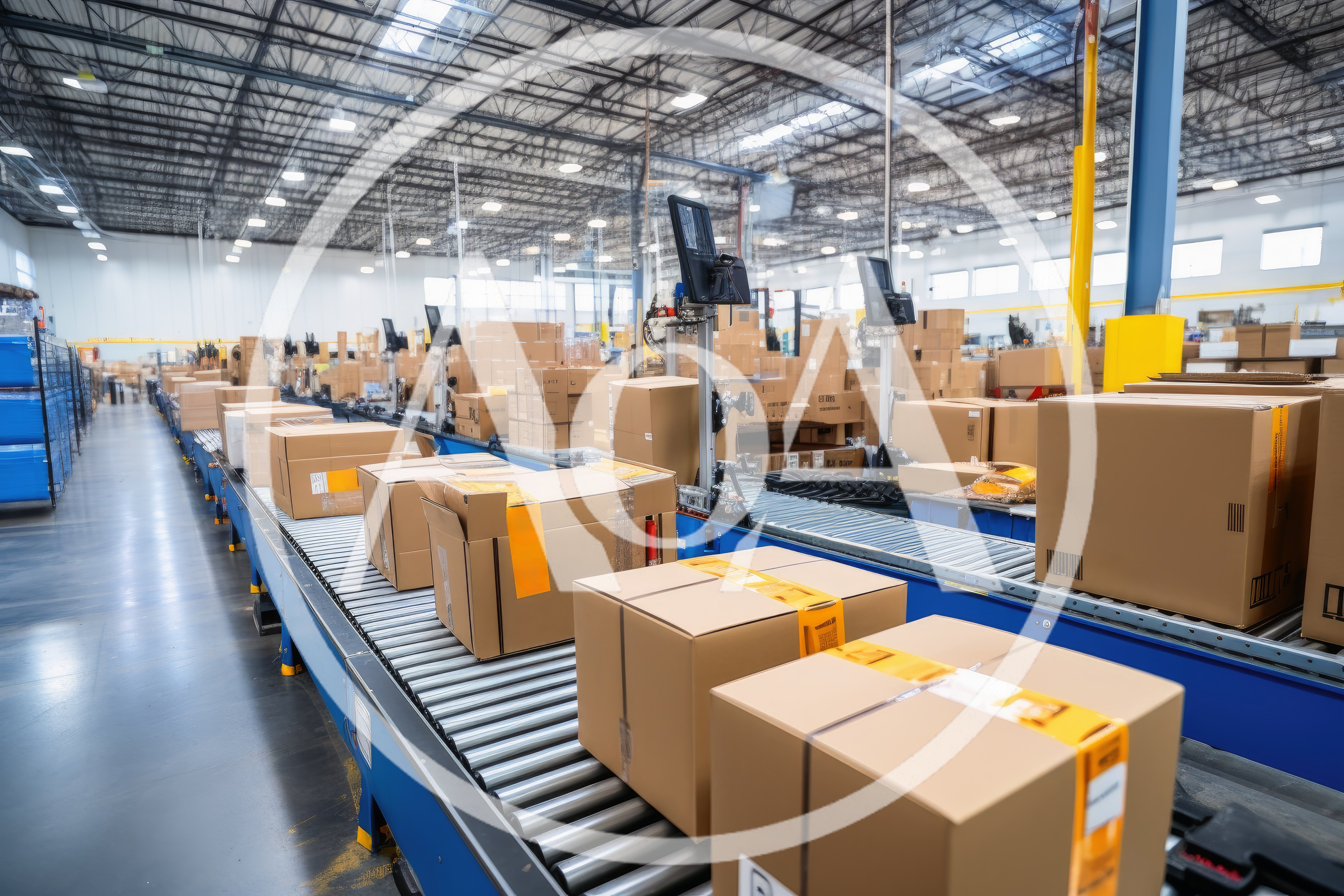 Cardboard Boxes Moving Along Automated Warehouse Conveyor Belt