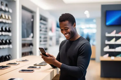 Smiling Man Browsing Smartphone In Electronics Store