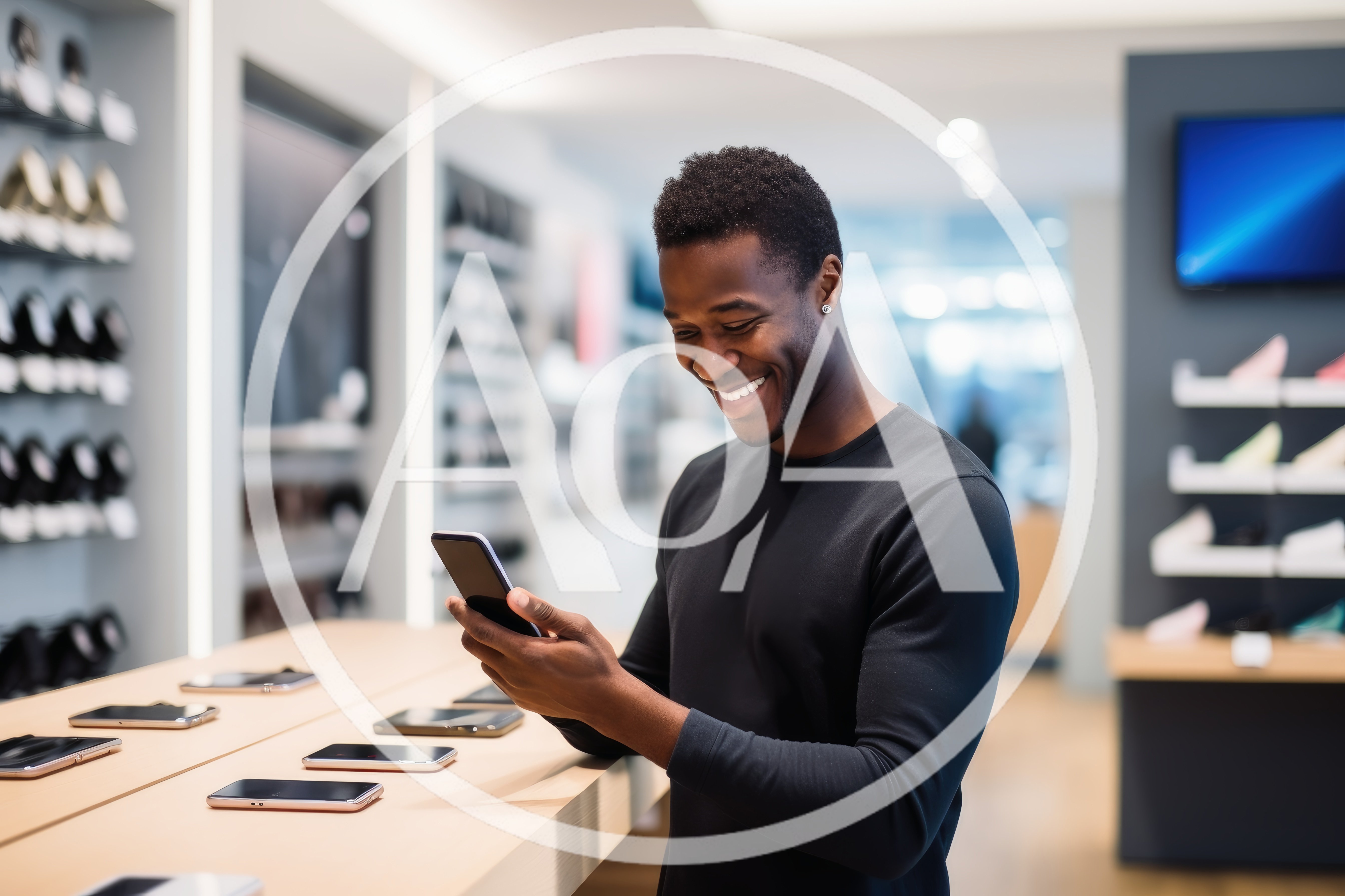 Smiling Man Browsing Smartphone In Electronics Store