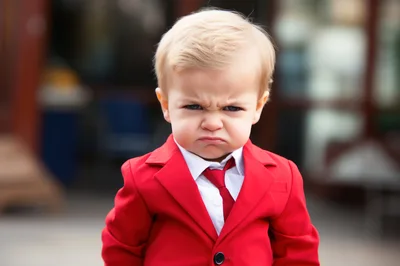 Angry Toddler Wearing A Red Suit And Tie