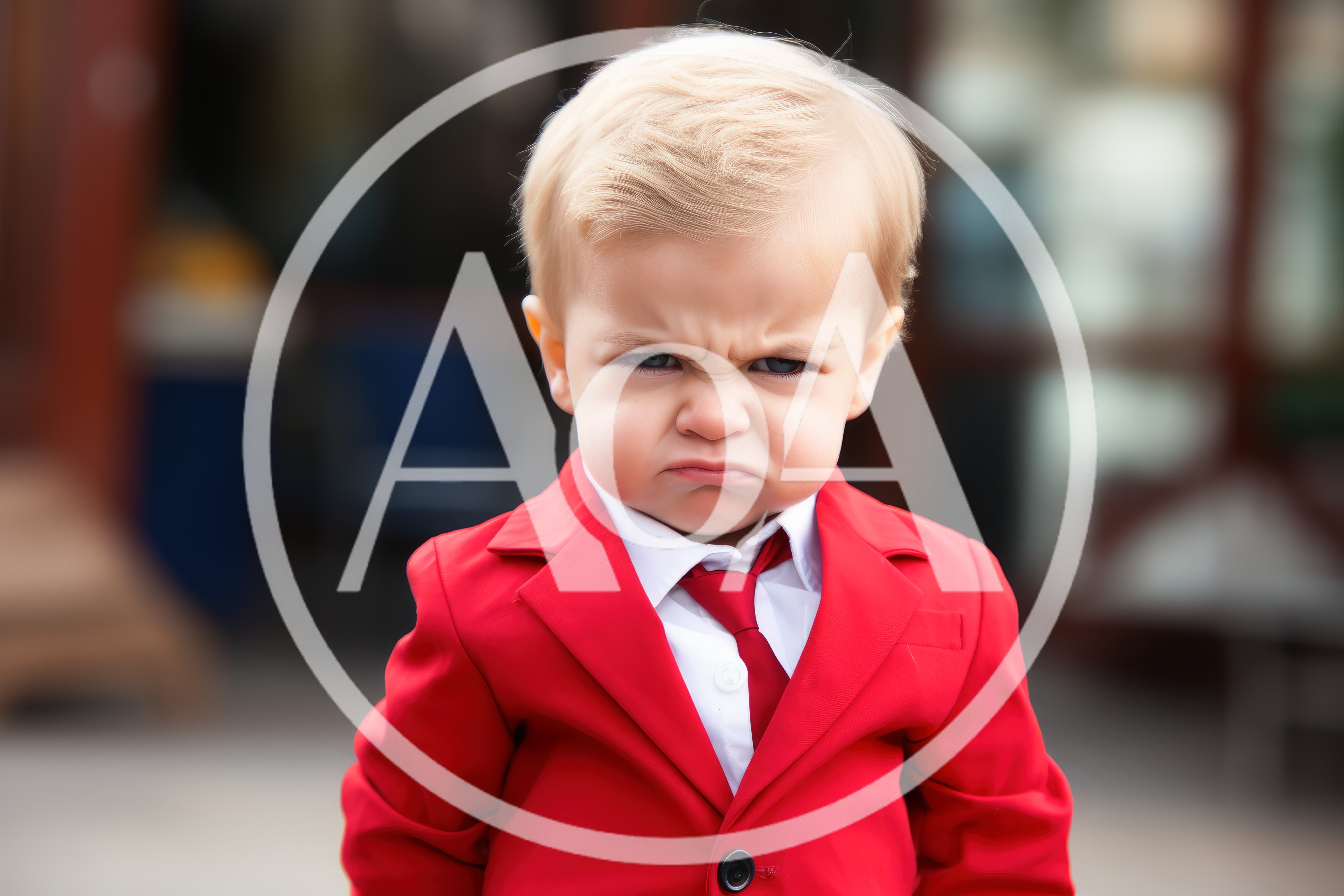 Angry Toddler Wearing A Red Suit And Tie