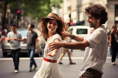 Happy Couple Dancing Together On A Busy City Street
